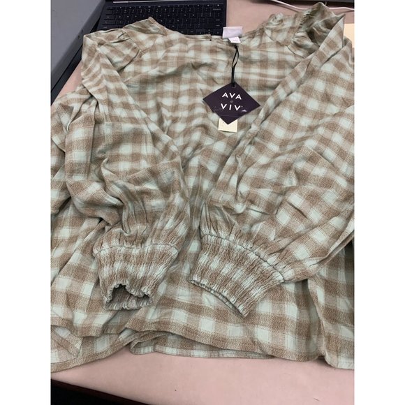 Womens Plus Size Plaid Crewneck Balloon Long Sleeve Flannel Blouse Ava & Viv Gre - Picture 4 of 8